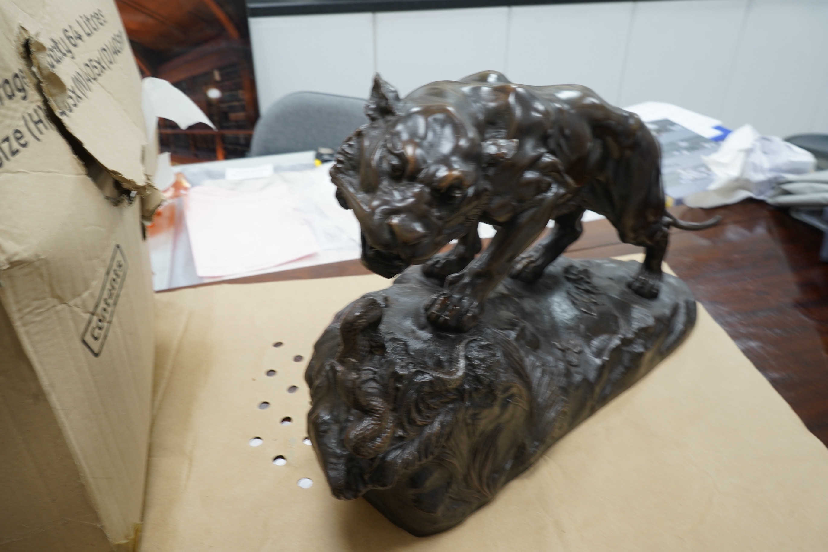 Varnier - Bronzed metal panther and snake, 62cm wide x 36cm high
